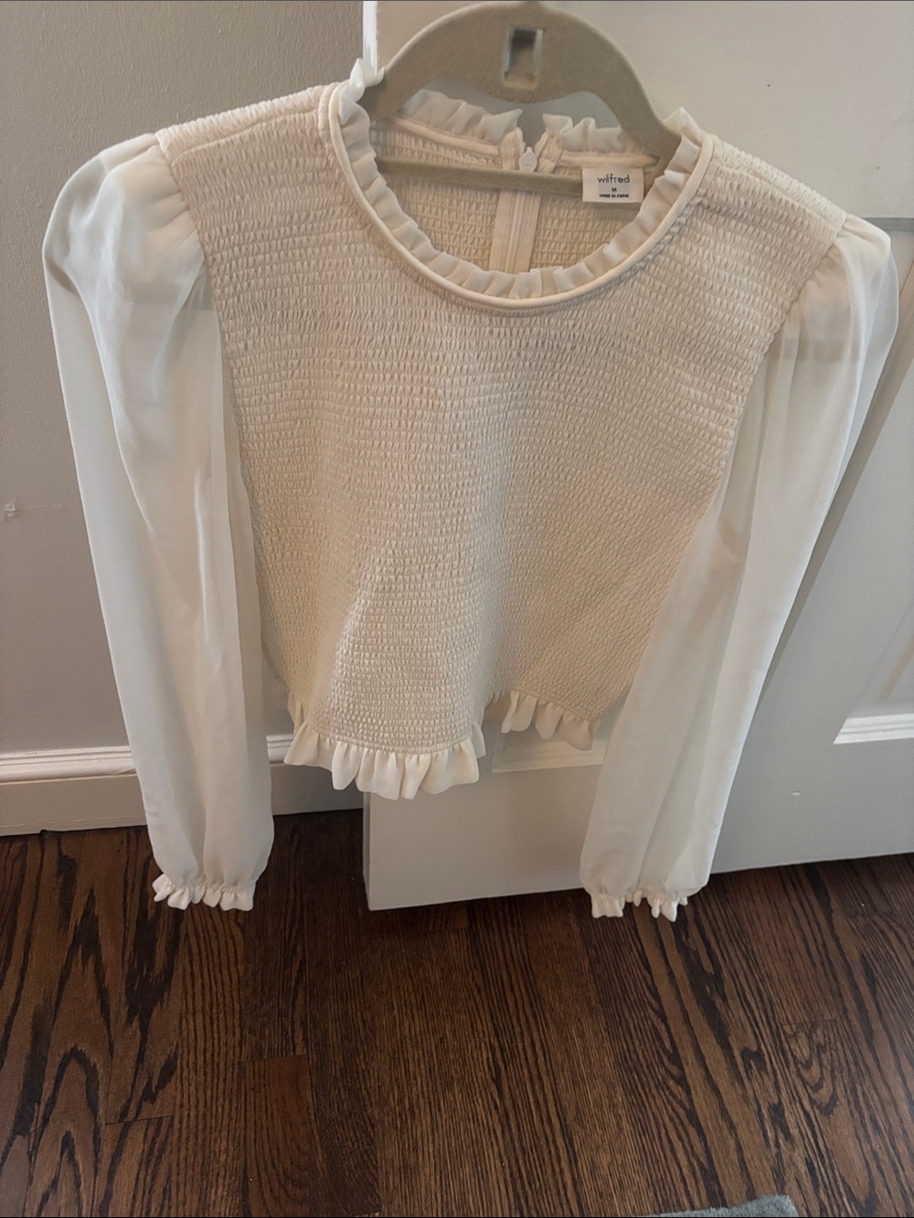 Wilfred Cream Smocked Ruffle-Trim Long-Sleeve Blouse